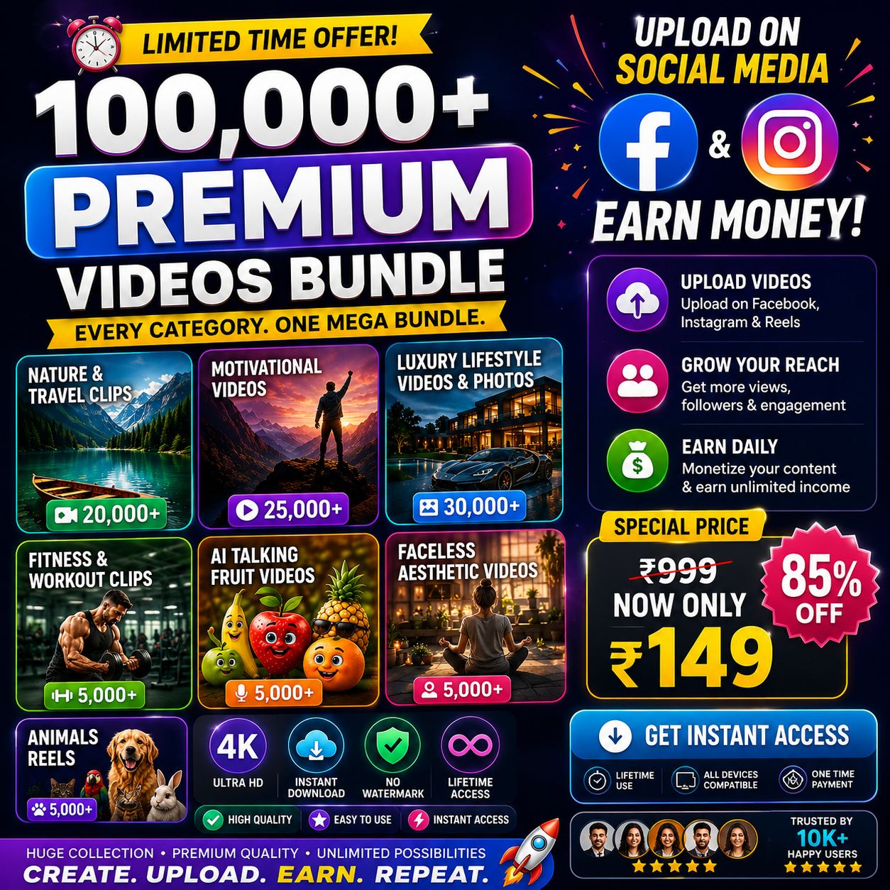 100,000+ Premium Viral Reels Bundle | AI Videos, Faceless Content & Social Media Pack