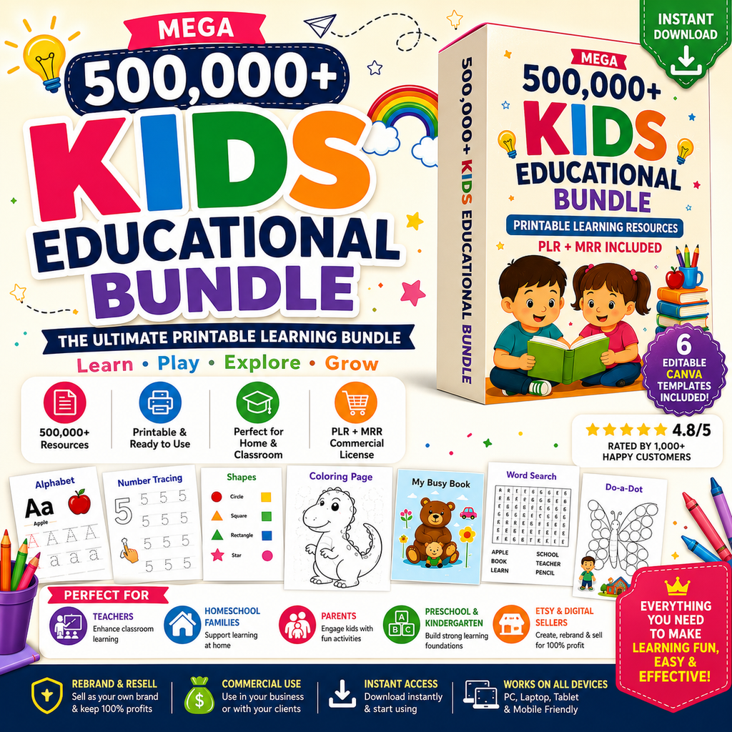 500,000+ Kids Educational Bundle (PLR + MRR Included)